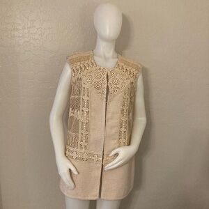 Anthropologie Champagne & Strawberry Cream Lace Tweed Long Vest Large